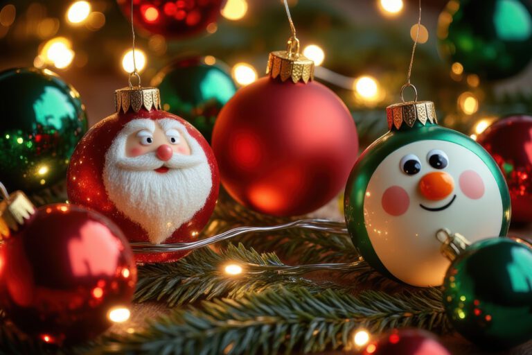 Festive ornaments with Santa and snowman