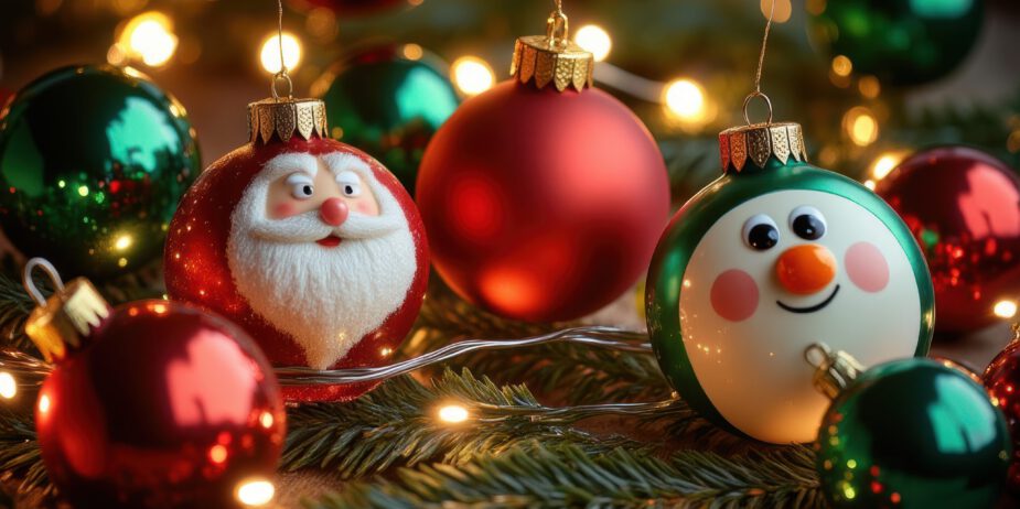 Festive ornaments with Santa and snowman