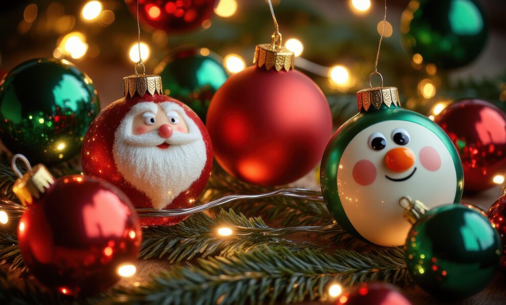 Festive ornaments with Santa and snowman
